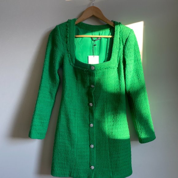 ZARA  Small Kelly Green Tweed Dress with Crystal Buttons - Picture 4 of 9